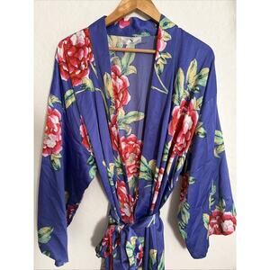 Natori Satin Island Fleur Kimono XL Purple Red Colorful Floral Robe Lingerie